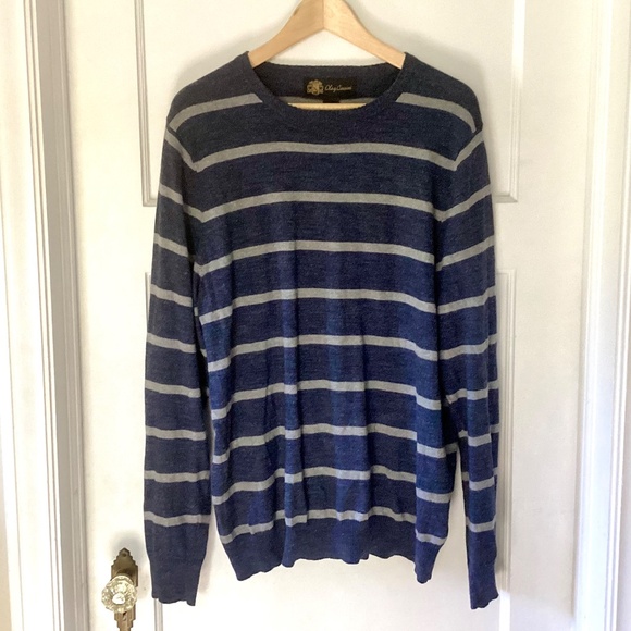 Oleg Cassini Men Sweater M Blue Gray Striped Cashmere Blend Lightweight Pullover - Picture 13 of 14